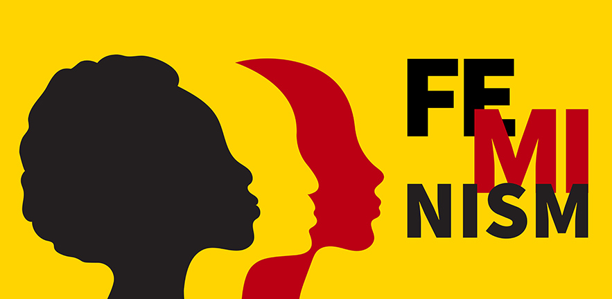 Banner of feminism. Profile of three women of different races on yellow background. Female international movement. Vector illustration